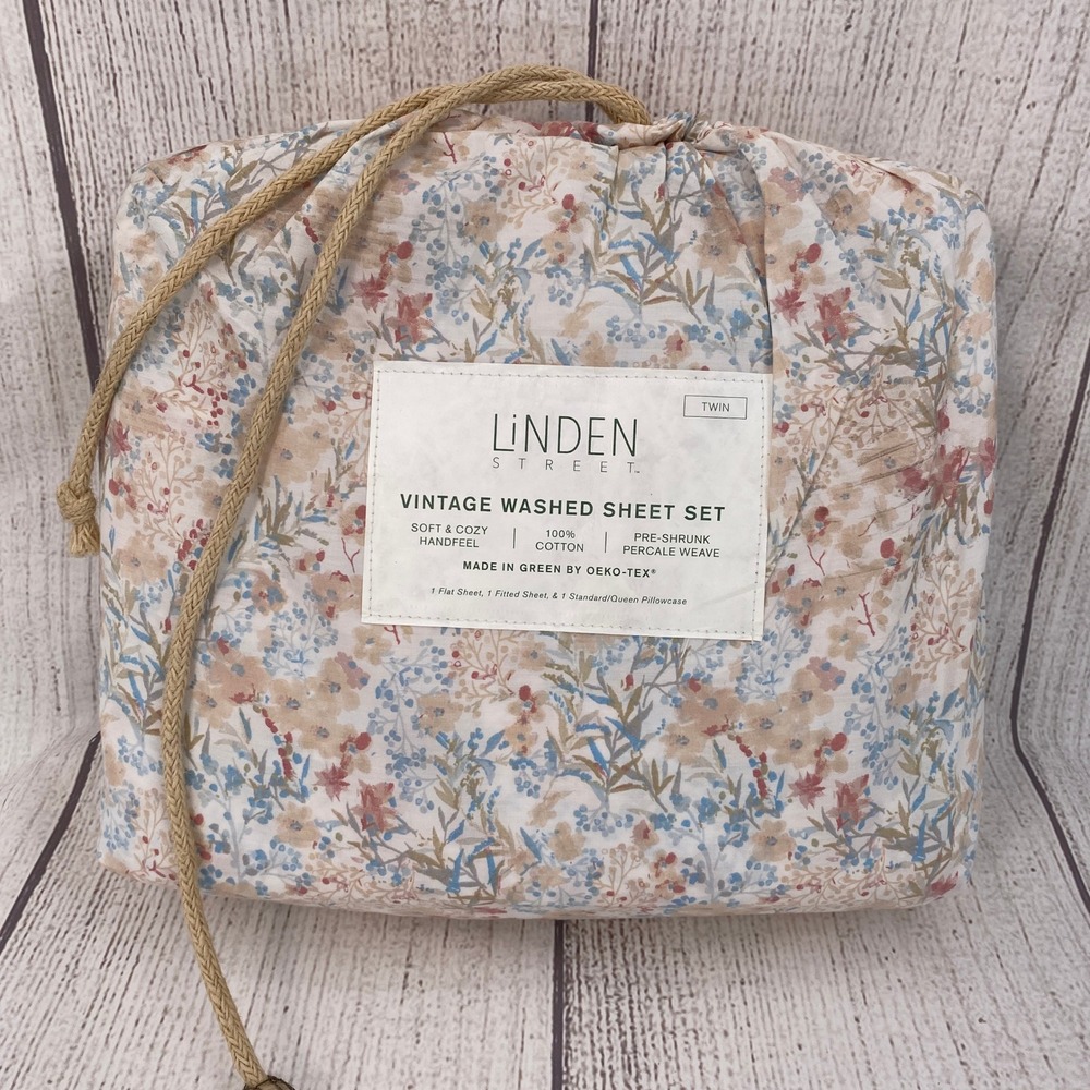 Linden Street Sheet Set Twin Floral Mist Vintage Washed White 100% Cotton Shabby